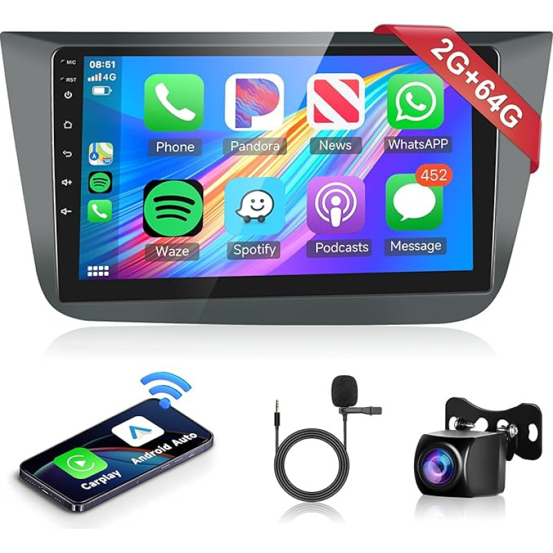 2G + 64G Wireless Carplay Android 13 Car Radio 2 DIN for Seat Altea 2004-2015 Toledo 2004-2009 9 Inch Car Radio with Android Car Navigation GPS WiFi Mirror Link Bluetooth FM/RDS Radio EQ SWC Rear View
