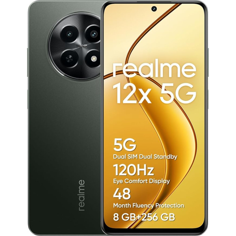 realme 12 x 5G išmanusis telefonas 8+256 GB, 50 MP kamera su dirbtiniu intelektu, dvigubas 5G budėjimo režimas, 48 mėn. apsauga nuo skysčio TÜV SÜD, 120 Hz ekranas, 5000 mAh baterija, šviečianti juoda (be adapterio)