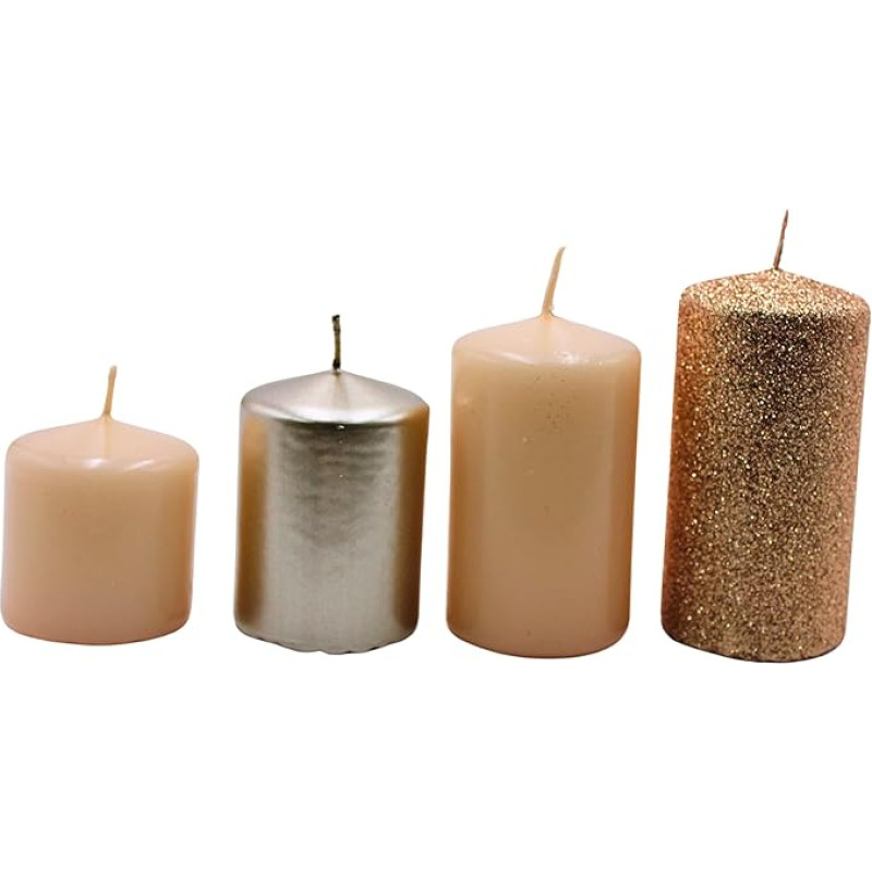 Advent candles, pillar candles, Advent wreath candles, table candles, table candle in beige cappuccino and bronze glitter, box contents: 4 pieces, graduated from L/W/H 5 x 5 x 5 cm to L/W/H 5 x 5 x 9