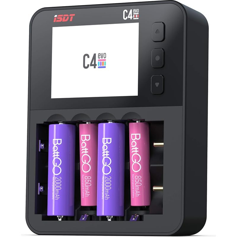 ISDT C4 EVO išmanusis greitasis akumuliatoriaus įkroviklis, IPS LCD ekranas, universalus įkroviklis su C tipo QC3.0 išvestimi, buitinis akumuliatoriaus įkroviklis su ciklinio įkrovimo ir iškrovimo funkcija