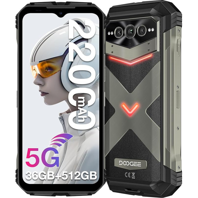 DOOGEE VMAXPLUS Android 14 Lauko mobilusis telefonas 5G, 512 GBROM 36 GB RAM 22000 mAh 6,58 colių FHD+ 120 Hz lauko išmanusis telefonas be sutarties 200MP + 32MP + 20MP naktinio matymo kamera Dual SIM/WiFi