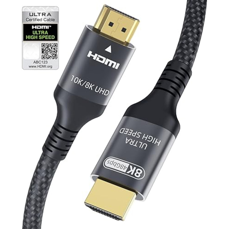 Adauxter 10K 8K HDMI 2.1 kabelis 6M, sertifikuotas 48Gbps itin didelės spartos HDMI kabelis su Ethernet 4K 240Hz 165Hz 144Hz 120Hz 8K 60Hz eARC HDCP2.3 HDR10+ kompiuterio nešiojamojo kompiuterio TV monitoriaus projektorius PS5 X-Box