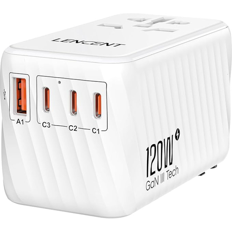 LENCENT tarptautinis kelionių adapteris, 120 W GaN3 universalus adapteris su 3 PD3.0 C tipo + 1 QC USB A, pasaulinis mobiliųjų telefonų adapteris, 