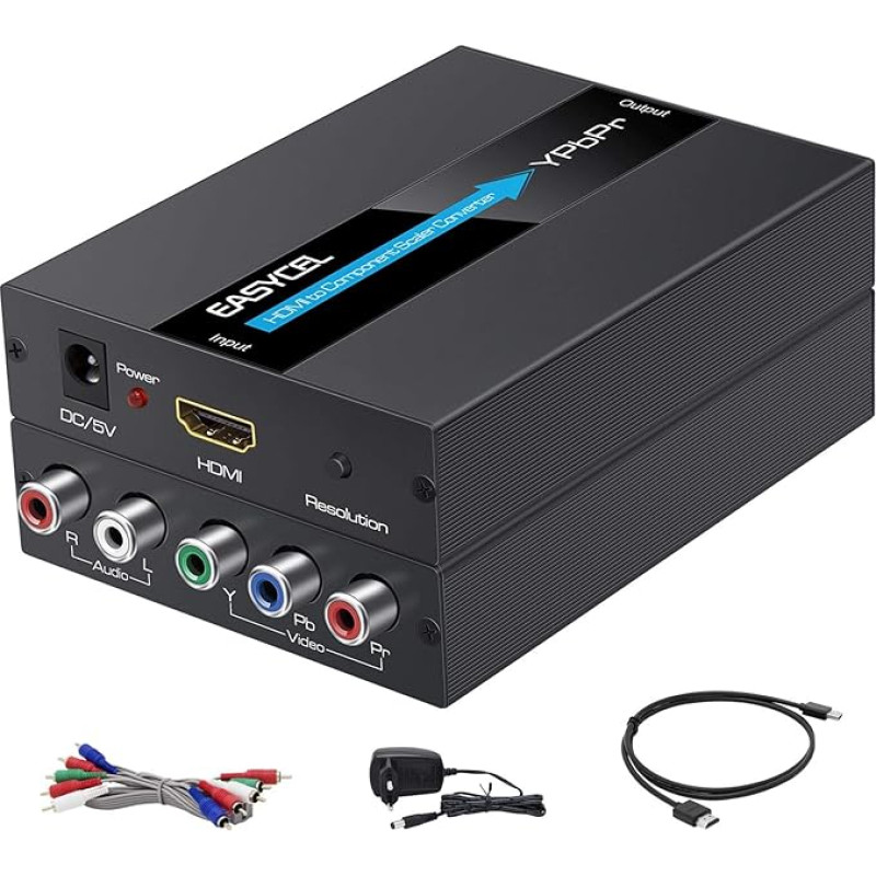 EASYCEL HDMI ir komponentinio (YPbPr / RGB / 5RCA) keitimo keitiklis (su keitimo funkcija, aliuminis), HDMI įvesties ir komponentinio (YPbPr / RGB / 5RCA) išvesties keitimas (su HDMI ir komponentiniu kabeliu)