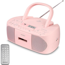 MEDION E65010 Stereofoninis radijas (CD grotuvas, kasetė, USB jungtis, AUX garso įvestis, MP3 atkūrimas. FM PLL radijas, 40 stočių atmintis, maitinamas iš baterijos, nuotolinio valdymo pultas) Rožinis