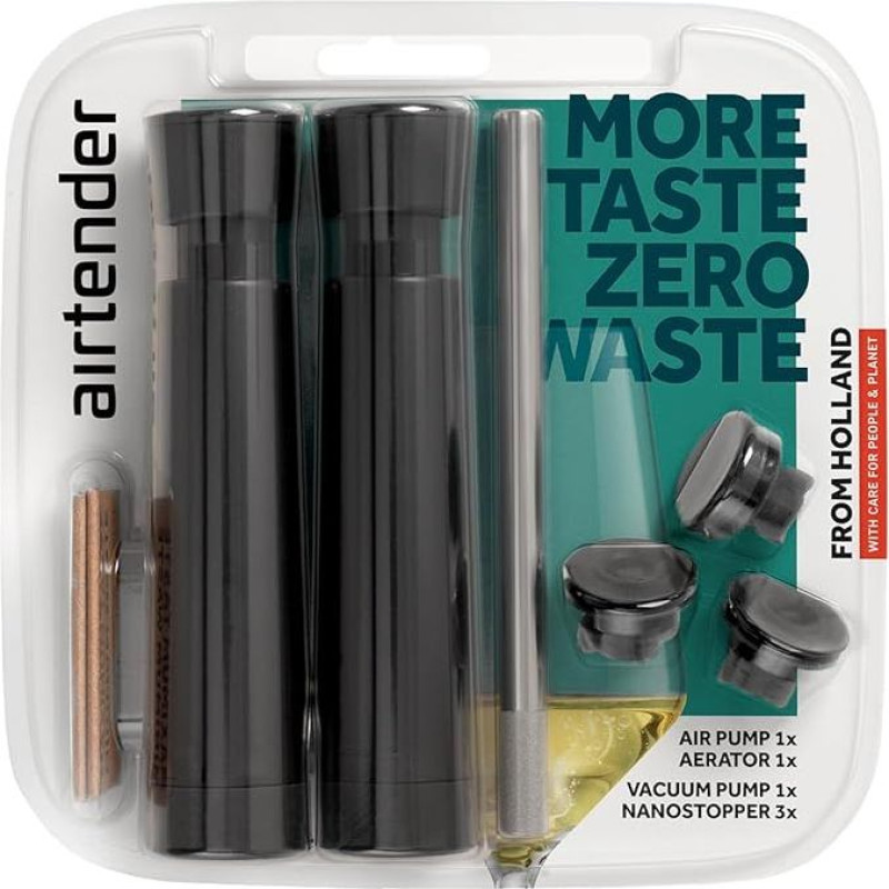 Airtender Wine Aerator and Vacuum Kit - Vacuum Pump - Wine Aerator - 3 Wine Stoppers/Nano Caps