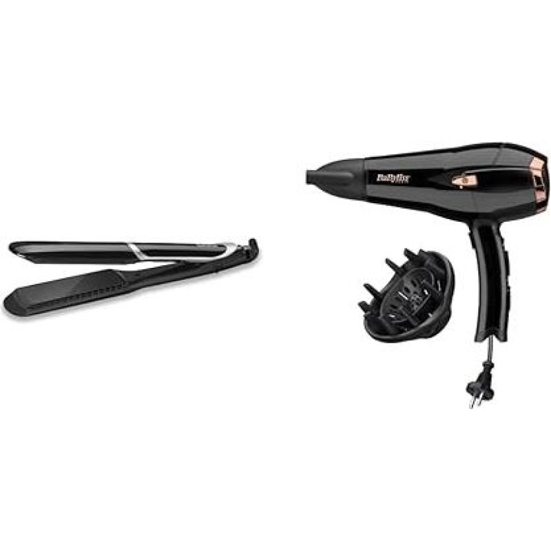 BaByliss Sleek Control Wide Hair Straightener with Ion Technology and Extra Long & Wide Plates, ST397E & Cordkeeper 2000 Ionic Hair Dryer D373E, Unique Cable Feed Function, 2000 Watt Black