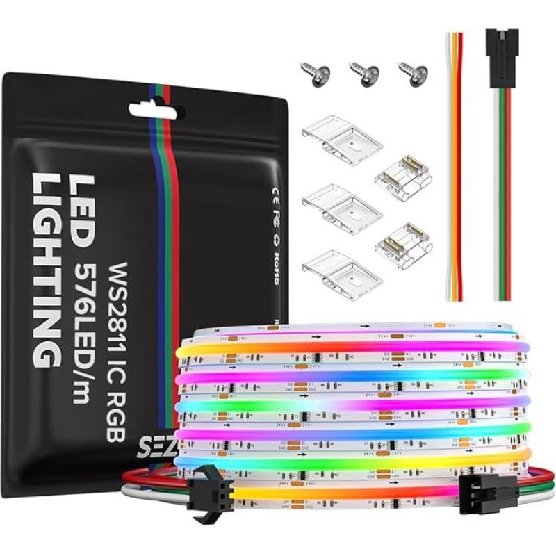 SEZO 24 V FCOB COB WS2811 IC RGB LED Strip Light Strip 5 m 2880 LEDs High Density Light Pixel Dream Colour Light Strip LED Strip, Width 10 mm IP30 Not Waterproof PCB White for Home Party DIY