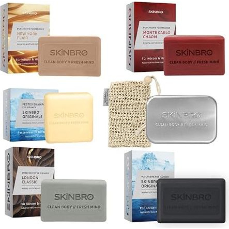 SKINBRO Vyriškas bandomasis rinkinys - 4 kietieji dušo muilai ir kietasis šampūnas, laikymo dėžutė ir sizalio maišeliai - veganiškas ir tvarus - puikus dovanų rinkinys vyrams - tvarus dušo muilas plaukams ir kūnui