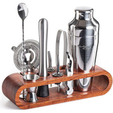 Mixology & Craft Cocktail Set (10 Pieces) – Elegant Cocktail Shaker Set with Shaker Made of Stainless Steel and Bar Accessories in Mahogany Wooden Stand – Decorative Gift Set – Silver