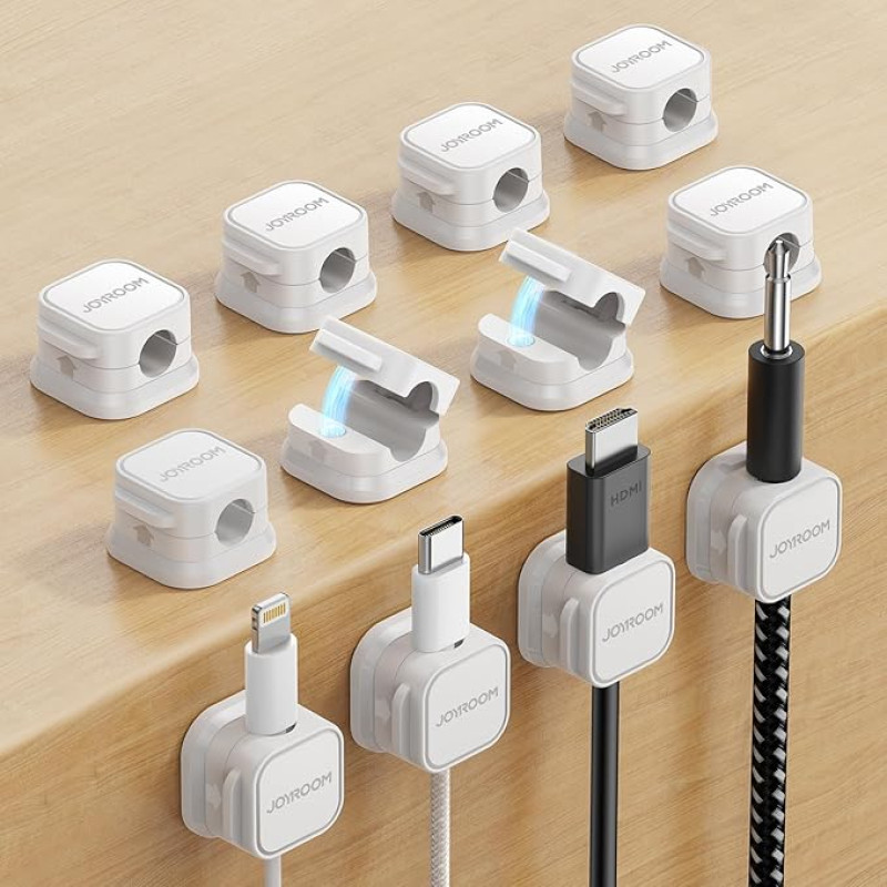 JOYROOM Pack of 12 Cable Holder, Cable Clips, Adjustable Cable Organiser, Magnetic Cable Management, Self-Adhesive Cable Holder for Desk, Bedside, Charging Cables, HDMI, USB, Audio Cable, White