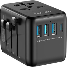 LENCENT Universalus kelioninis adapteris pasaulinis tarptautinis adapteris su 3 USB ir C tipo PD įkrovimo prievadais, skirtas ES, Europos Sąjungai, JAV, Jungtinei Karalystei iš A/C/G/I tipo lizdų, daugiau kaip 200 šalių, juodas