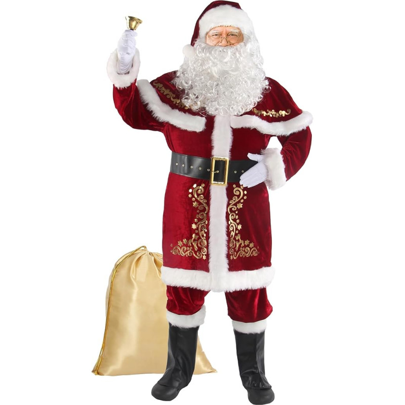 Boveco 12 dalių aukso Santa Claus Deluxe kostiumas Vyrai Santa kostiumas Cosplay suaugusiųjų raudonas aksomas apranga Kalėdų šalis