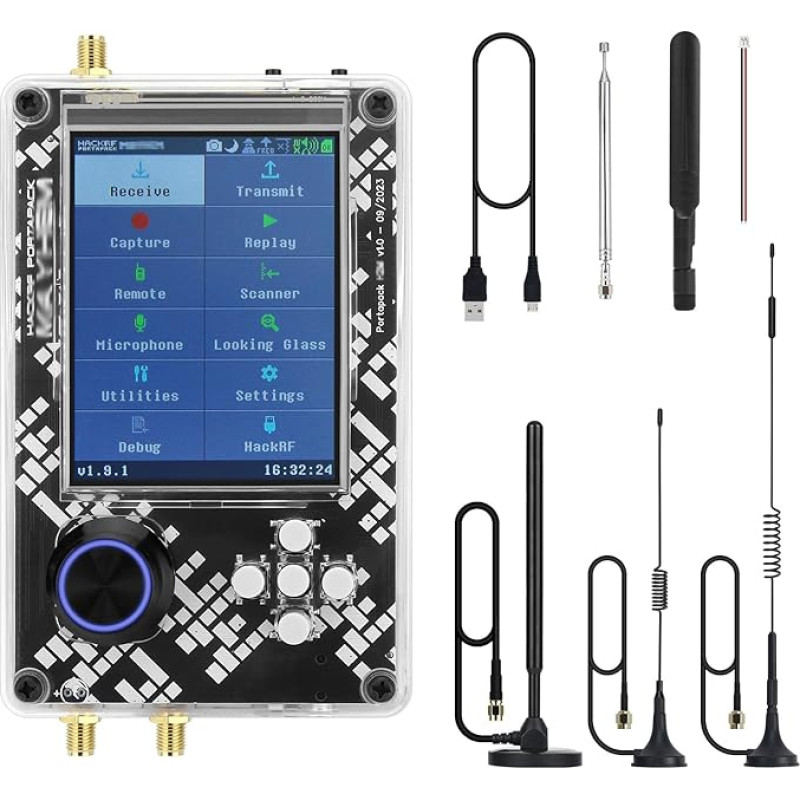 Hamgeek HackRF One R9 V2.0.0 SDR radijo stotis ir PortaPackH2M, 5 antenos ir USB laidas, plastikinis korpusas