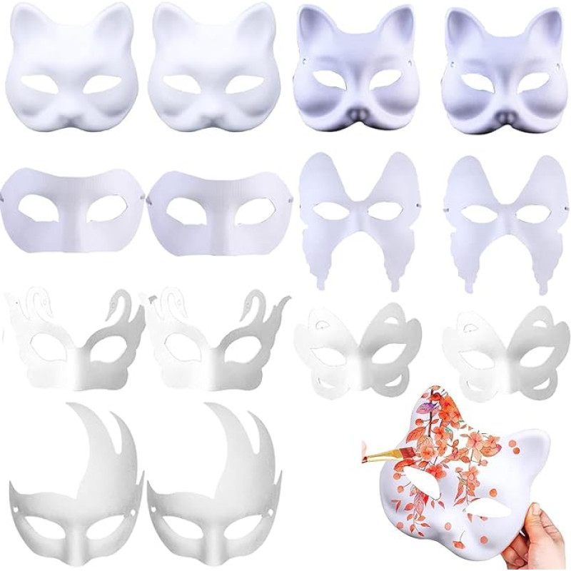 14 baltų kaukių pakuotė, nedažytos, gyvūnų kaukės tapybai, 