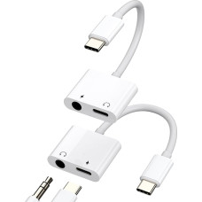 Adapteris USB C į ausines su 3,5 mm lizdu 2 in 1 (2 vnt.) Ausinių įkroviklis DAC Audio suderinamas su Xiaomi Huawei Redmi Google Samsung S21 kabeliu Dvigubas kištukinis daliklis Automobilinis AUX