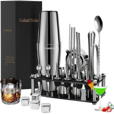 Cocktail Shaker Set, Boston Cocktail Shaker with Stand, 25 Pieces Bar Accessories, Bartender Cocktail Mixer Accessories, 750 ml Stainless Steel Cocktail Shaker Gifts, Cocktail Decoration, Bar Counter
