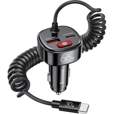 SYNCWIRE Cigarečių žiebtuvėlio USB C su automobilio akumuliatoriaus apsaugos įjungimo / išjungimo jungikliu, 66 W automobilinis įkroviklio adapteris su USB C įkrovimo kabeliu 12 V automobilio lizdui, automobilinis įkroviklis 