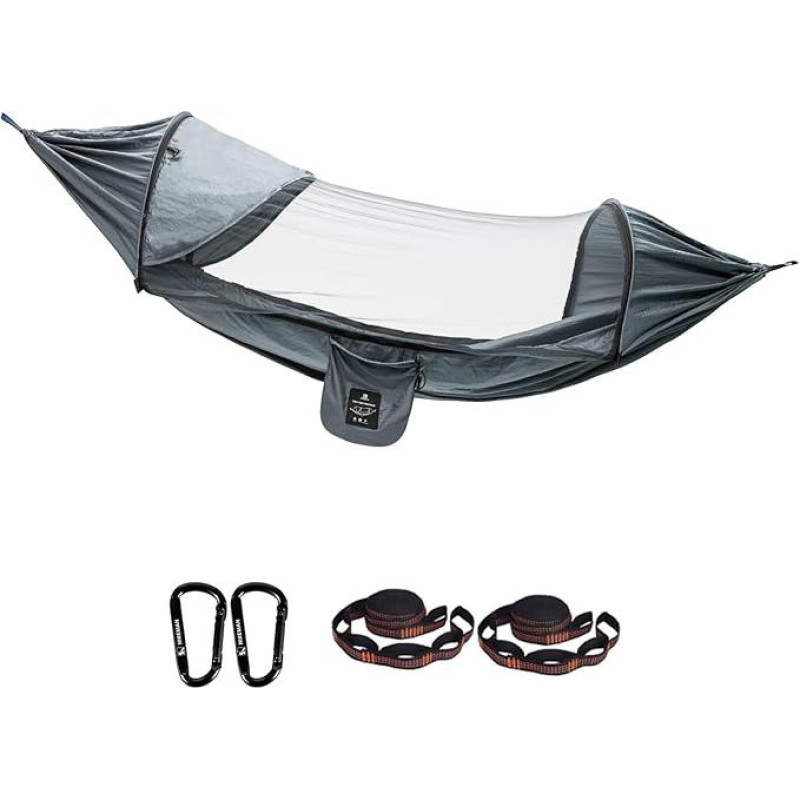 HIKEMAN Camping Hammock with Mosquito Net - Ultra Light Outdoor Hammock, Carry Strap and Carabiner Hook Made of Parachute Nylon, Load Capacity for Camping, Garden, Trekking and Backpacking (Grey)