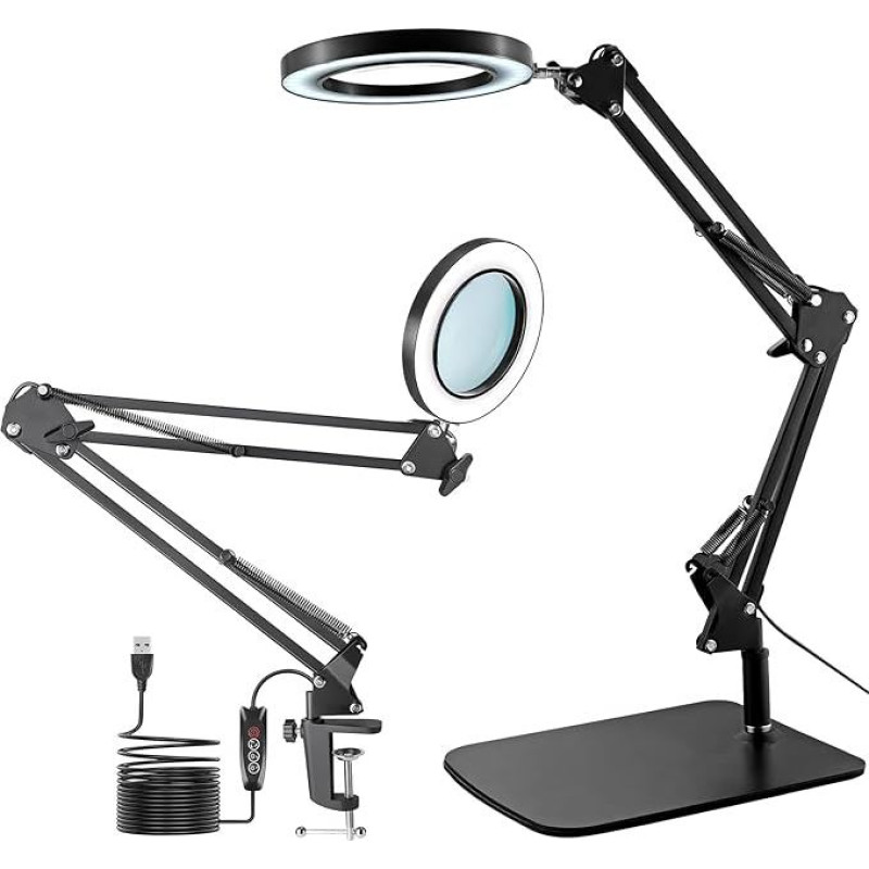 Viiwuu 15 x Magnifying Glass with Light, LED Desk Lamp with Base and Clamp, 3 Colour Modes, 10 Brightness, 72 Dimmable LED, 4.2 Inch Diameter Real Glass Lens LED Magnifying Glasses for Reading Work