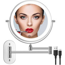 FUNTOUCH įkraunamas kosmetinis veidrodis su LED apšvietimu, 1 x 10x veidrodžio didinimas, tvirtinamas prie sienos, užtamsinamas skutimosi veidrodis, 3 spalvos, jutiklinis ekranas, pasukamas 360° kampu, makiažo veidrodis vonios kambariui