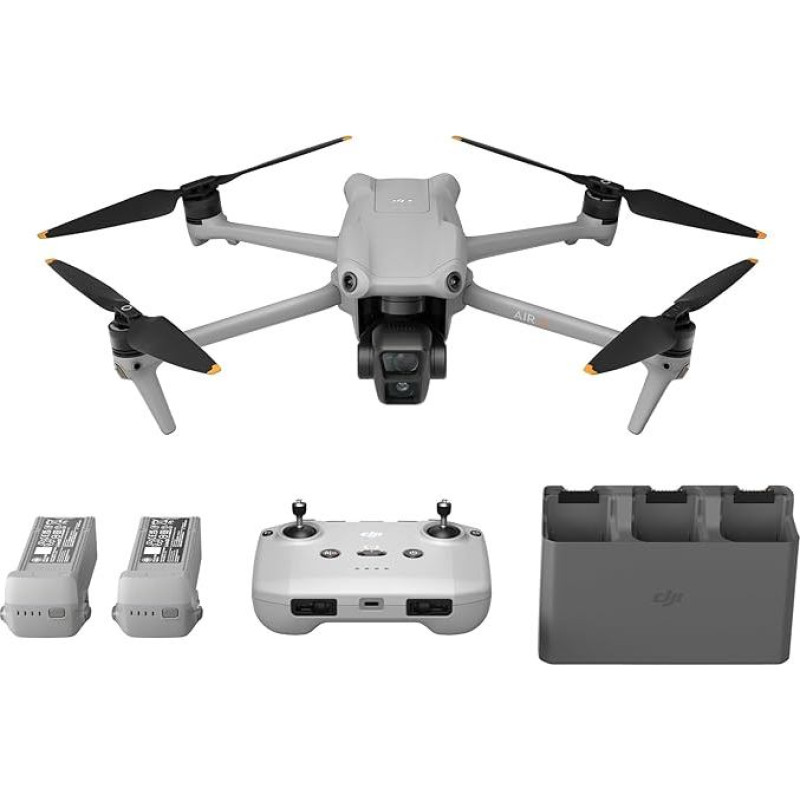 DJI Air 3 Fly More Combo su nuotolinio valdymo pulteliu DJI RC-N2 dronas su kamera suaugusiesiems, 4K HDR, 2 pagrindinės kameros (vidutinio teleskopinio / plataus kampo kamera), 46 min. Maksimalus skrydžio laikas, 48 MP, O4, 2 papildomi
