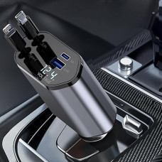 Automobilinis įkroviklis 120 W greitasis įkroviklis ištraukiamas automobilinis įkroviklis, suderinamas su iPhone/Galaxy/Google Pixel7/Huawei Skaitmeninis ekranas Du įkrovimo kabeliai (LI-G-HT-N-ING+TYP-C)