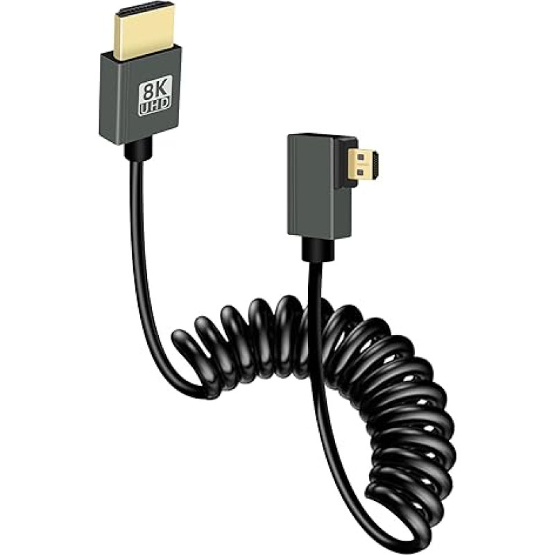 GELRHONR 8k Micro HDMI į HDMI spiralinį kabelį, trumpas Micro HDMI kabelis Spyruoklinis lankstus plonas kabelis 48Gbps didelės spartos palaikymas 3D 8K @ 60Hz, skirtas fotoaparato vaizdo įrašymo kortelei, televizoriui (dešiniuoju kampu)