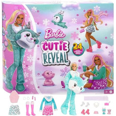 Barbie Cutie Reveal Advento kalendorius - 24 staigmenos, lėlė, blizgantis elnias, žieminė apranga, aksesuarai, mini gyvūnėliai, vaikams nuo 3 metų, HJX76