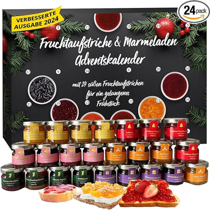 Advento kalendorius 2024 Pusryčiai su uogiene, Kalėdų kalendorius su 24 mielomis ir neįprastomis uogienėmis 25 g stiklinėje, Kalėdų pusryčių kalendorius