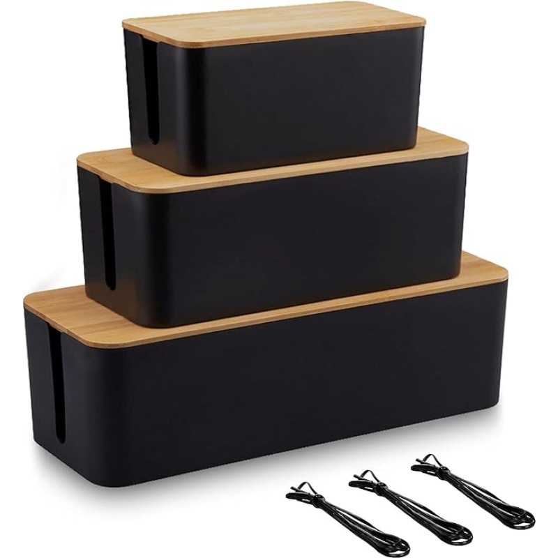 EVADOW 3 kabelių valdymo dėžučių rinkinys su bambuko dangčiu, juodos spalvos vielos šerdies kabelių aplankų dėžutė 