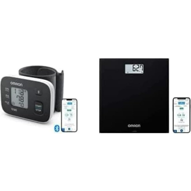 OMRON RS3 Intelli IT Wrist Blood Pressure Monitor Clinically Validated + OMRON HN300T2 Intelli IT Smart Digital Bathroom Scale with Free App for iOS/Android