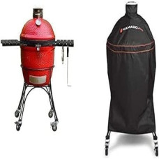 Kamado Joe - Classic Joe II 18 inch charcoal grill in red with trolley, side shelves, barbecue tongs and ashtray + KJ-GC23BWFS grill cover, black
