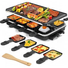2-in-1 Raclette Grill, Raclette for 8 People, 1300 W Electric Grill with 1 Reversible Non-Stick Grill Plate & 8 Mini Cheese Raclette Pans & 1 Wooden Spatula, for Indoor Family Celebrations and BBQ