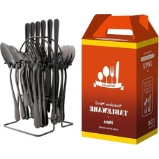 HYCSC Cutlery Set with Holder, Premium Stainless Steel Tableware Set, Mirror Polished Cutlery Set - Includes Knife, Fork and Spoon, Dishwasher Safe, Beautiful Family Utensil Gift Set (Black)