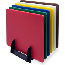 HENDI Satz mit 6 Schneidebrettern, mit Rack, HACCP, farbig, 6 Stück, beidseitige Verwendung, Schneidebrettset, 450x300x(H)10mm, Polyethylen, Polypropylen