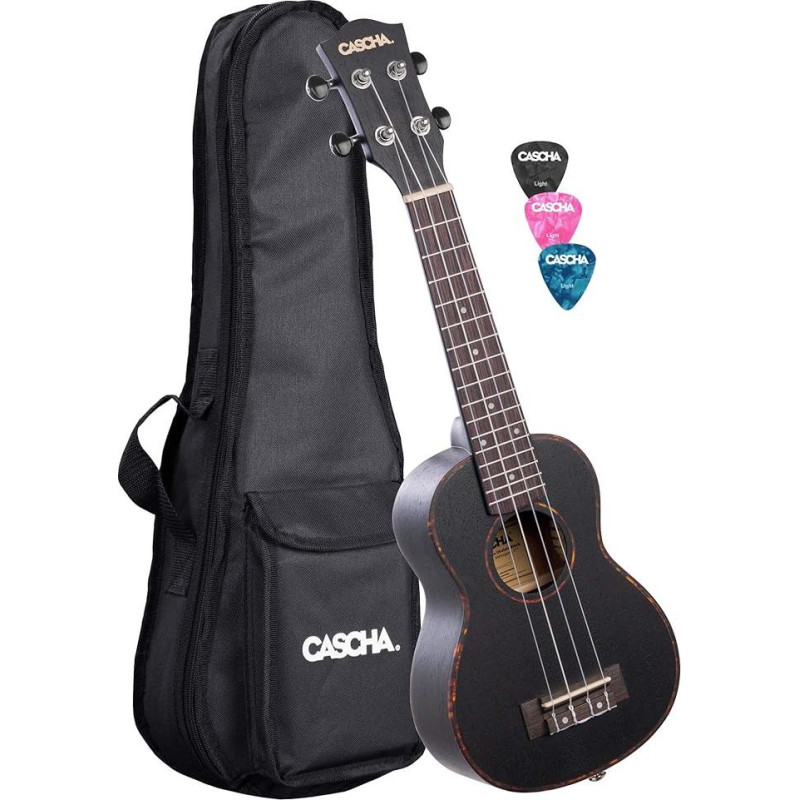 CASCHA Mahogany Black Soprano Left Handed Ukulele for Adults & Children - Includes 3 Picks & Padded Bag - Mahogany Wood Ukulele for Beginners & Advanced - Aquila Nylon Strings