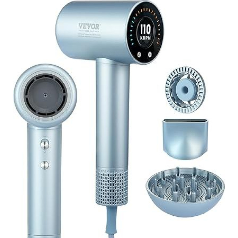 VEVOR Negative Ion Hair Dryer High Speed 105,000 rpm Brushless Motor 200 Million Negative Ion 4 Heat Settings 3 Speeds with Self-Cleaning Function Diffuser Nozzle