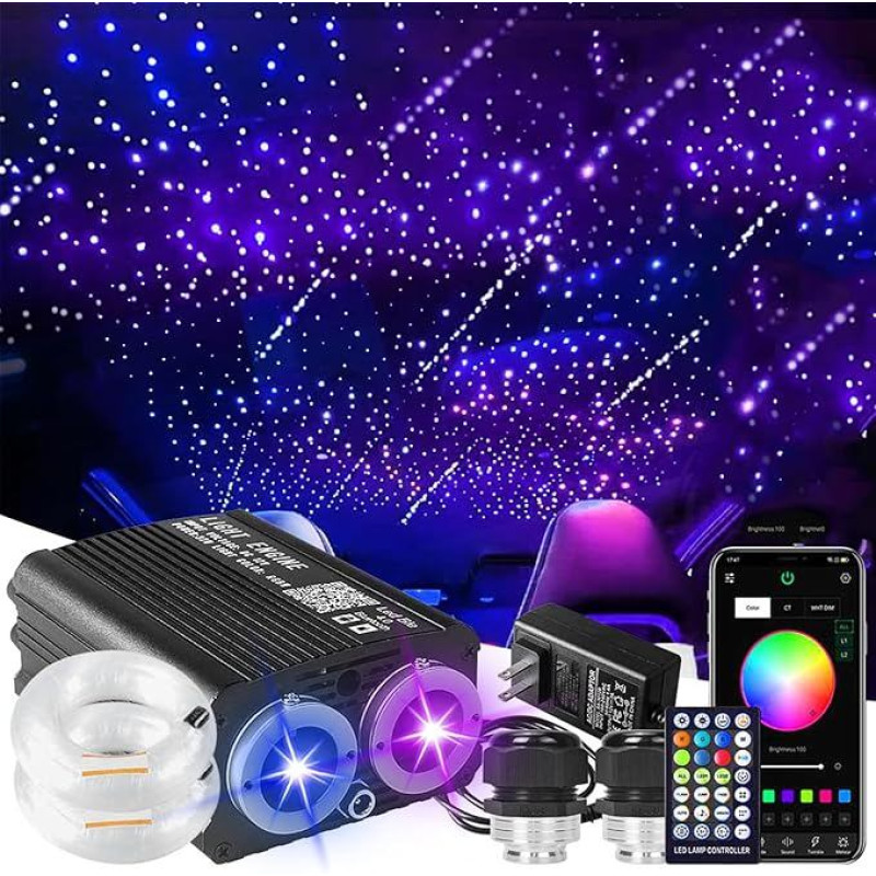 VASTFIRE 32 W Twinkle Meteor Starry Sky Fibre Optic Light, 1300 Pieces 9.8 ft Dual Port Dual Colour LED Star Ceiling Fibre Optic Light Kit APP/Remote Control White Shooting Star, for Car/Home/Party