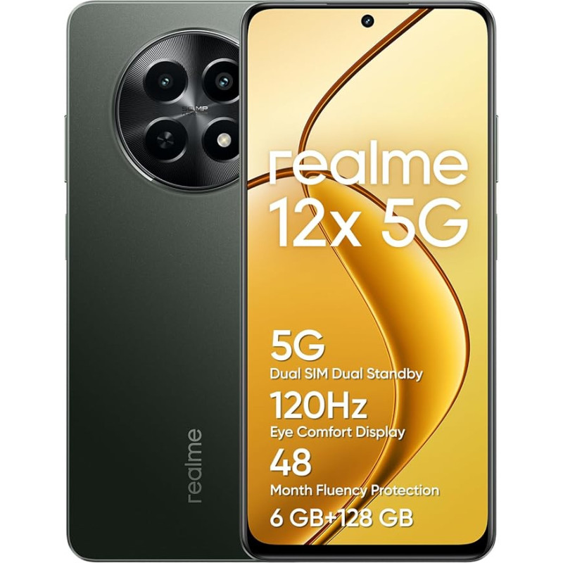 realme 12x 5G išmanusis telefonas 6+128 GB, 50MP AI kamera, 5G Dual SIM Dual Standby, TÜV SÜD 48 mėn. apsauga, 120 Hz Eye Comfort ekranas, 360° NFC, 5000 mAh baterija, švytintis juodas (be adapterio)