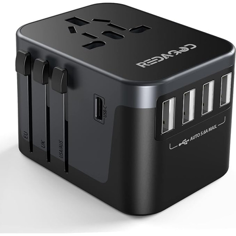 Kelionių adapteris visame pasaulyje 224+ šalys 28W greito įkrovimo universalus kelionių adapteris su 4 USB prievadais + C tipo ir kintamosios srovės lizdo adapteris Universalus adapteris Vokietijai, JAV, Anglijai, Tailandui, Italijai, Australijai