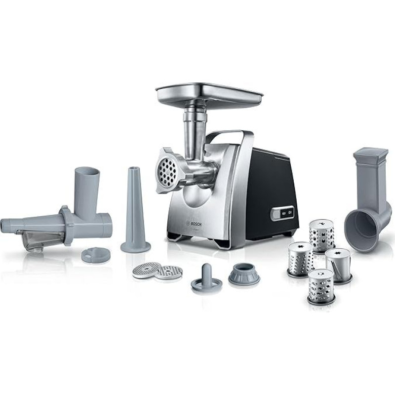 Bosch Hausgeräte MFW68660 1 Elektrisch Wurstaufsatz, 3 Edelstahl Loch-Scheiben, Schwarz, Silber, 880 W