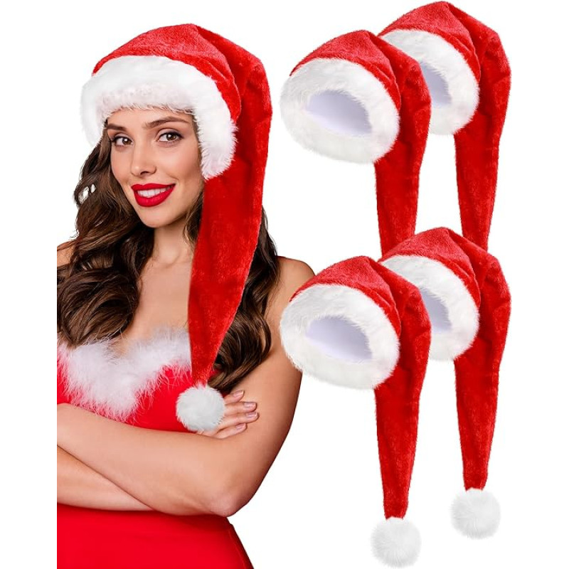 Geyoga Pack of 4 Kalėdų kepurės Velvet Santa kepurė suaugusiems Ilga Kalėdų kepurė berniukams mergaitėms Šalis krepšiai