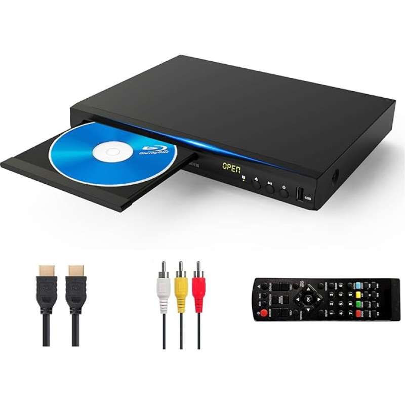 Blu-ray DVD grotuvas, daugialypės terpės diskų grotuvas filmams ir muzikai, Dolby Audio, Full HD 1080P Blu-Ray diskų grotuvas su HDMI išvestimi/AV išvestimi/koaksialine išvestimi/Blu-ray diskų grotuvas B/2 regionui