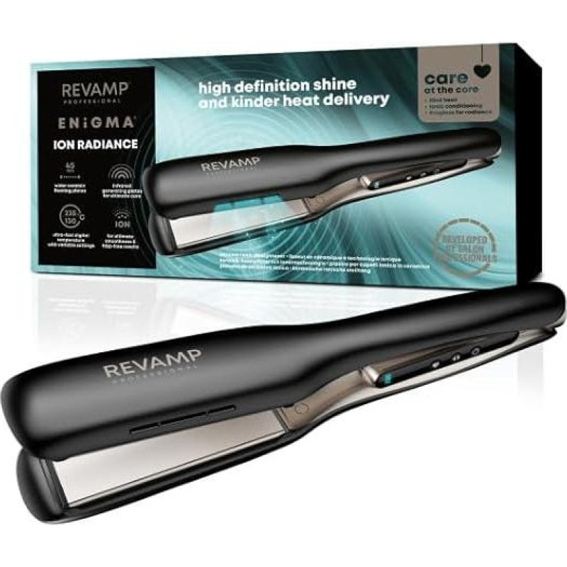REVAMP Enigma Radiance Ion Wide Straighteners - Extra Wide Plates for One-Stroke Styling, Straightening, Curved Design for Durable Waves & Curls - Professional Ceramic Straighteners