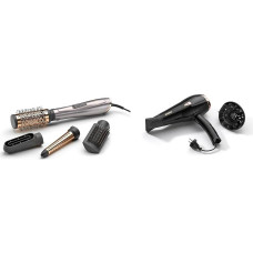 BaByliss Air Style 1000 Hot Air Brush with Ion Technology, 4 Attachments, AS136E, 1 Piece (1 Pack), Silver Rose Gold & Cordkeeper 2000 Ionic Hair Dryer D373E, 2000 Watt Black
