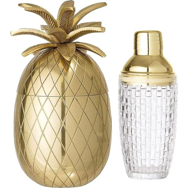 Bloomingville Pineapple Tin, Gold, 24 cm & Cocktail Shaker, Clear NOSTALGIC