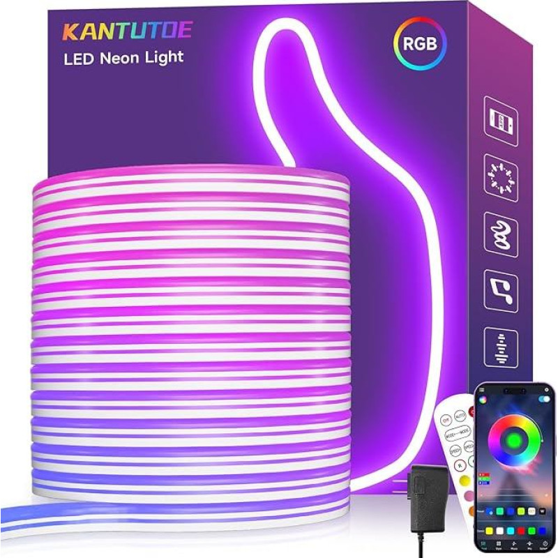 KANTUTOE Neon LED Strip, 10 m LED Strip with Remote Control / App Control, 24 V Flexible IP65 Waterproof Music Sync Gaming LED Hose, Rope LED Strip for Bedroom Oudoor Decoration