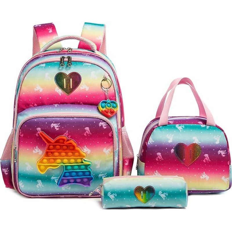 HTgroce Mergaičių mokyklinis krepšys mergaitėms Pop It kuprinė Mokyklinis krepšys mergaitėms Komplektas 3 in 1 su pietų maišeliu ir pieštukine Pop Fidget Bag, spalva: vienaragis, kuprinė