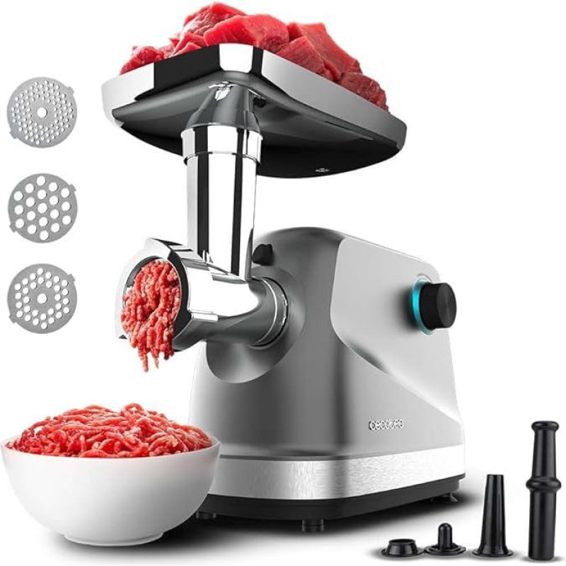 Cecotec Electric Meat Mincer Crusher 1400 Steel, 1360 W, Ideal for Chopping, Cutting and Chopping, 1 Stainless Steel Knife and 3 Cutting Discs with Holes for 3 mm, 5 mm and 7 mm